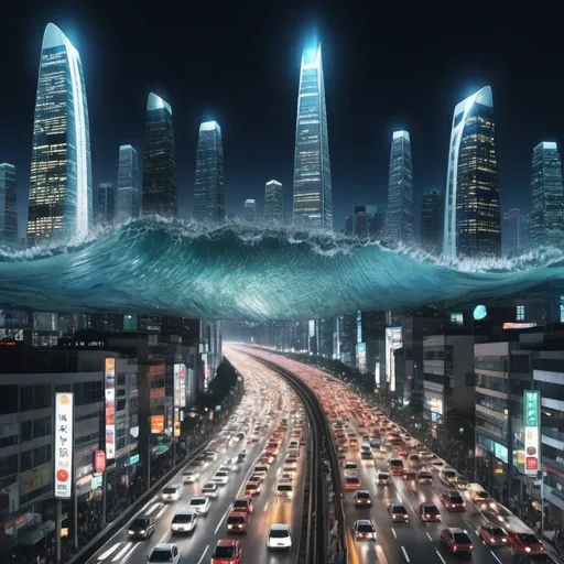 Prompt: infinite rush hour traffic, crystal skyscraper city, giant tsunami at night