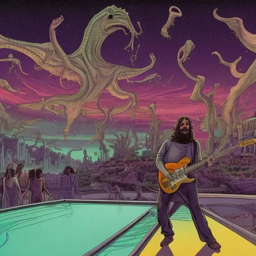 Prompt: wide view of jesus band playing guitars, at an exotic rooftop infinity pool, infinity vanishing point, dancing cthulhus background