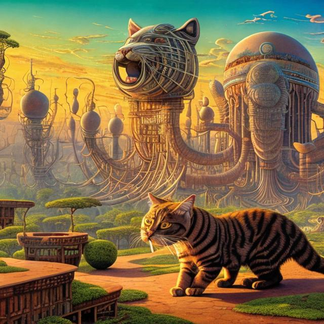 Prompt: panorama widescreen view of a giant cat playing a sitar, infinity vanishing point, in the style of Jacek Yerka