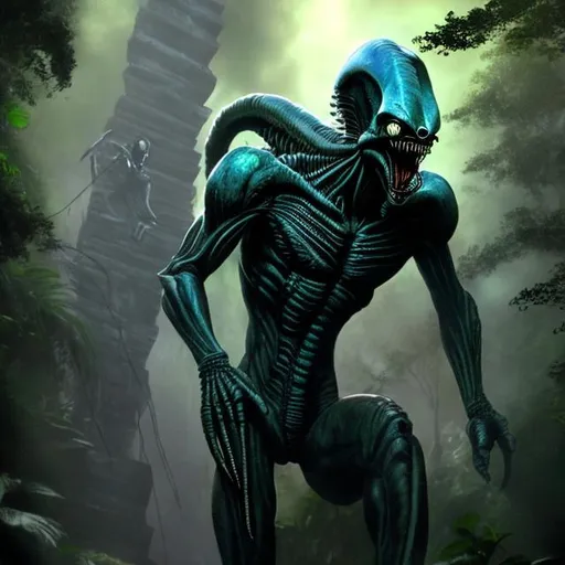 Prompt: 1000 xenomorphs climbing up pyramid in Belize rain forest jungle
