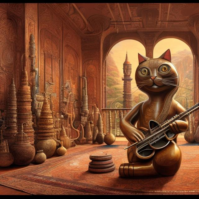 Prompt: panorama widescreen view of a giant bronze cat playing a sitar, infinity vanishing point, in the style of Jacek Yerka