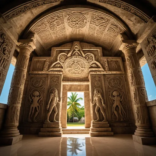 Prompt: in Belize, a giant ancient intricately detailed bas relief covered temple of cthulhu, overhead lighting shadows, wide angle view, infinity vanishing point