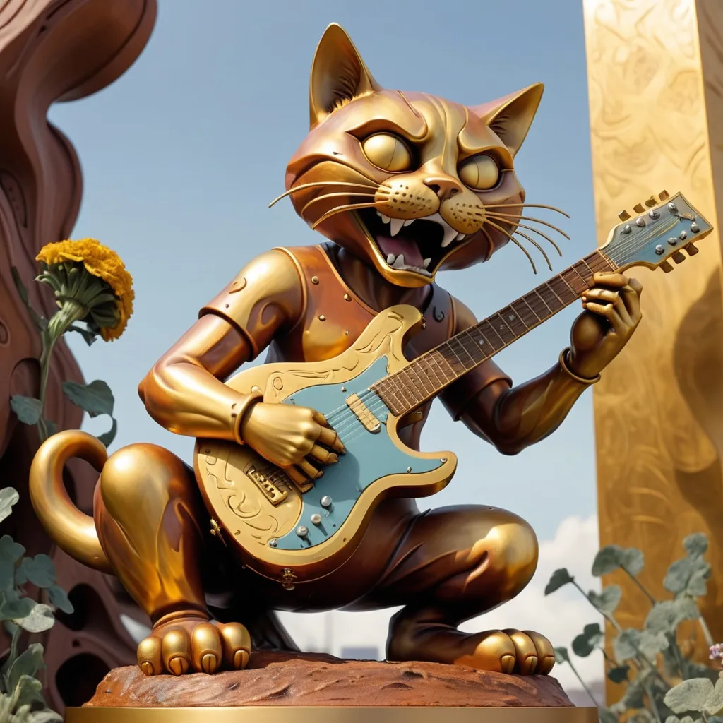 Prompt: giant rust streaked acid etched gold statue of a giant cat playing guitar, in the style of Jacek Yerka, widescreen view, infinity vanishing point