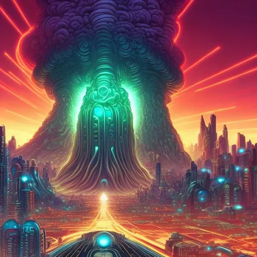 Prompt: infinity city, cthulu shaped nuclear blast cloud background