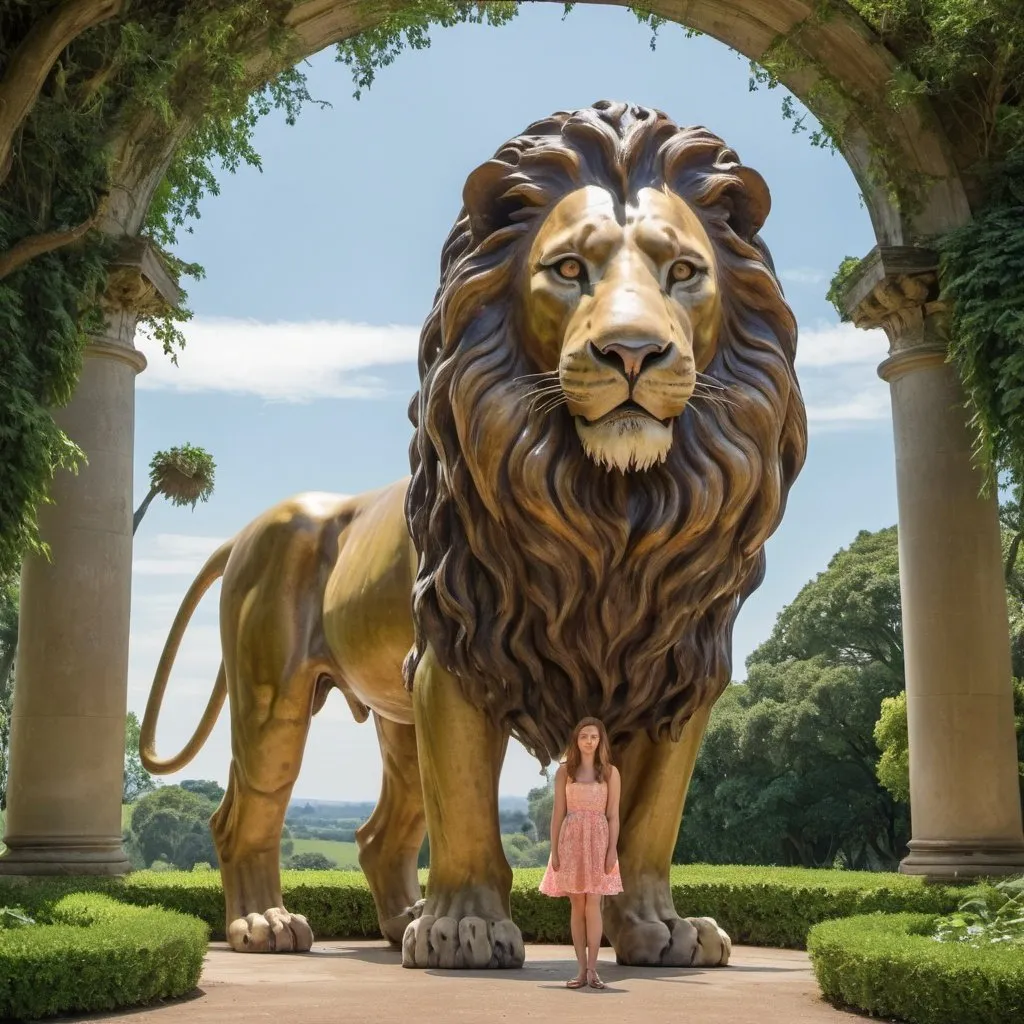 Prompt: Una and the Lion, by William Wyon, lush background, extra wide angle view, infinity vanishing point