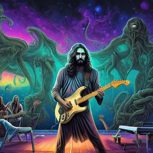 Prompt: wide field of view, jesus band playing guitars at an exotic poolside patio barbeque grill, infinity vanishing point, cthulhu nebula background