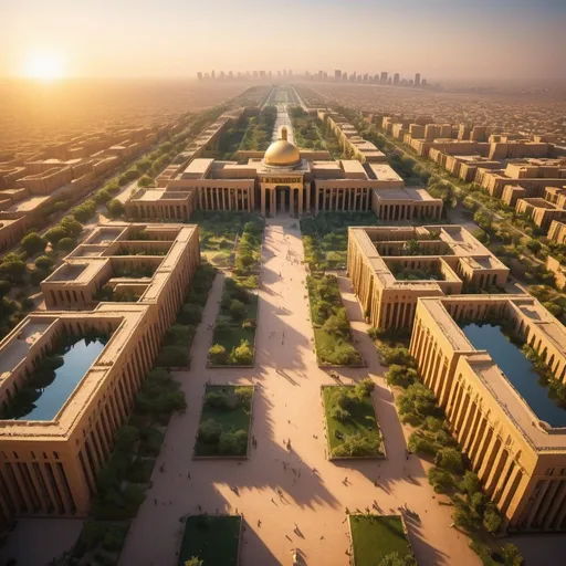 Prompt: ancient city of babylon and gardens, mega skyscrapers, overhead golden hour lighting, extra wide angle view, infinity vanishing point