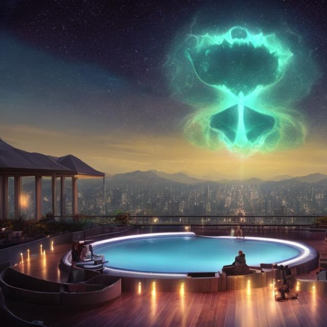 Prompt: wide view 10 feet from a jesus septet playing guitars, at an exotic rooftop infinity pool, infinity vanishing point, cthulhu nebula background