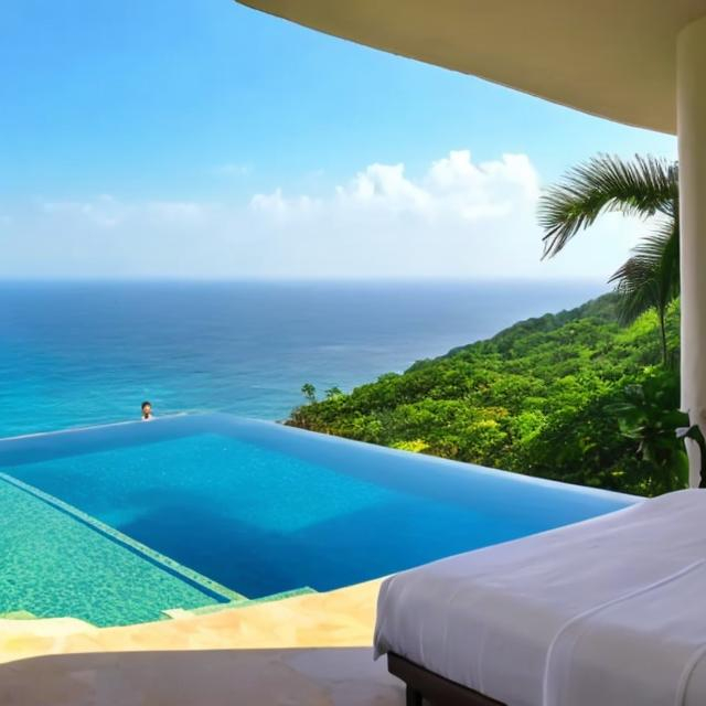 Prompt: panorama ocean view from cliffside infinity pool