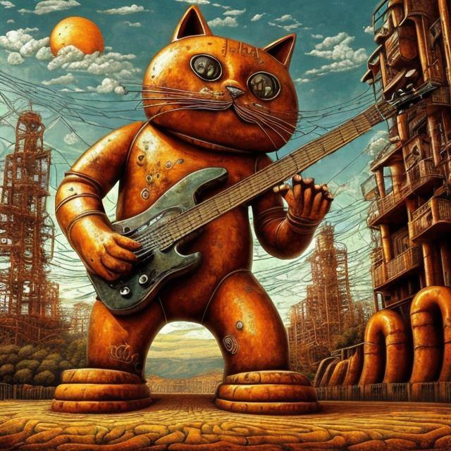 Prompt: giant rusty orange metal statue of a giant cat playing guitar, in the style of Jacek Yerka, widescreen view, infinity vanishing point