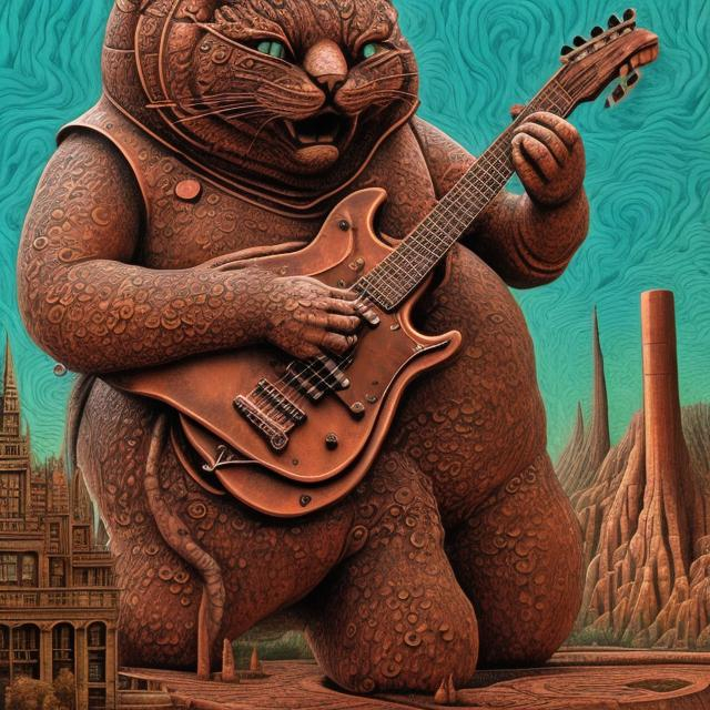 Prompt: giant acid etched copper statue of a giant cat playing guitar, in the style of Jacek Yerka, widescreen view, infinity vanishing point