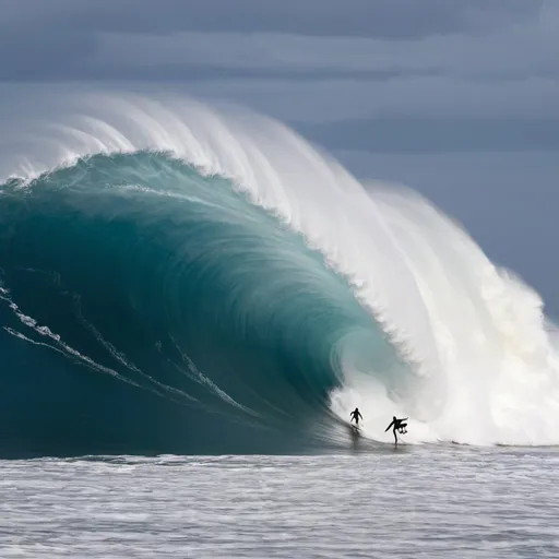 Prompt: biggest giant wave and a surfer in front