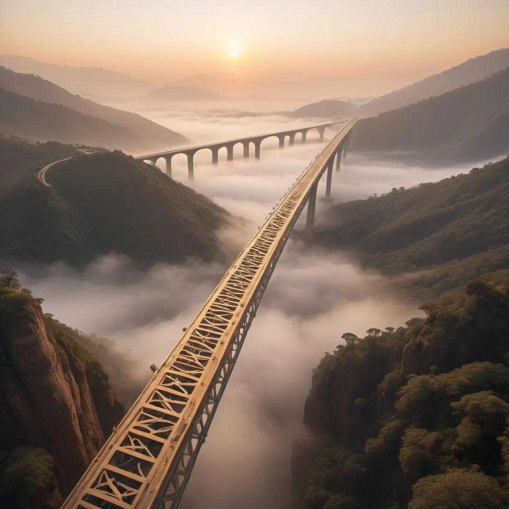 Prompt: giant long exotic bridge occupied with bizarre alien vehicles, foggy valley below, overhead golden hour lighting, wide angle view, infinity vanishing point