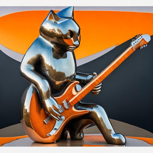 Prompt: ((((giant cat playing guitar) diamond statue inlaid with orange chrome) in the style of Henry Moore) wide perspective view) infinity vanishing point