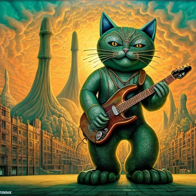 Prompt: giant green metal statue of a giant cat playing guitar, in the style of Jacek Yerka, widescreen view, infinity vanishing point