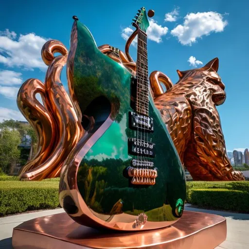 Prompt: ((((giant cat playing guitar) copper statue inlaid with emeralds) in the style of Ron English) wide perspective view) infinity vanishing point