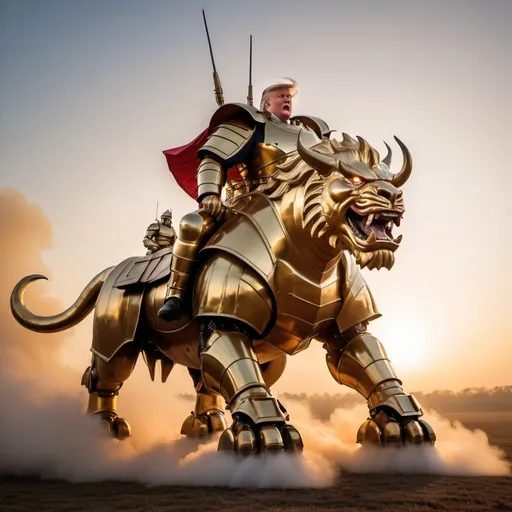 Prompt: Trump riding the biggest giant firebreathing armored warlion in the world, overhead golden hour lighting, foggy wide angle view, infinity vanishing point