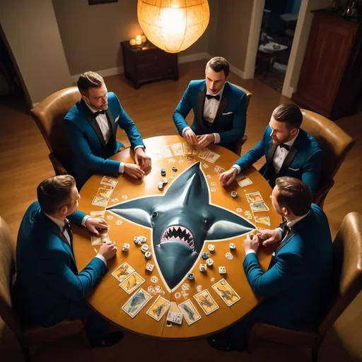 Prompt: sharks in tuxedos, playing a complicated exotic board game, golden hour overhead lighting, extra wide angle view, infinity vanishing point