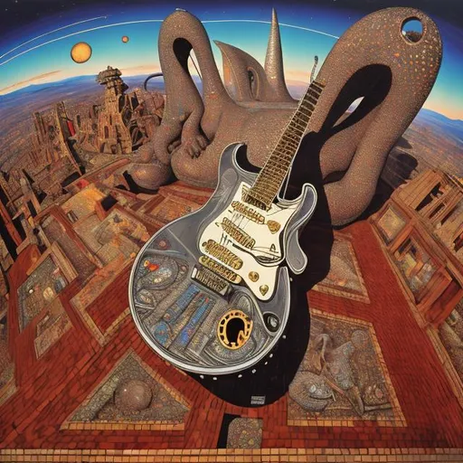 Prompt: ((((giant cat playing guitar) ruby statue inlaid with diamonds) in the style of Jacek Yerka) wide perspective view) infinity vanishing point