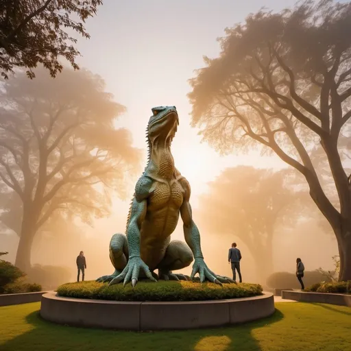 Prompt: guilty giant lizard people statue garden, overhead golden hour lighting, foggy wide angle view, infinity vanishing point