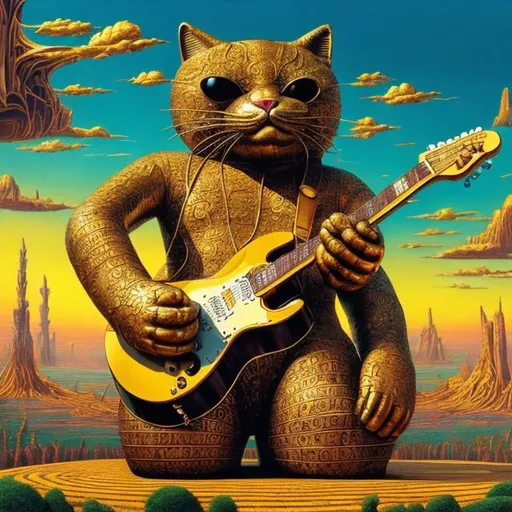 Prompt: giant gold statue of giant cat playing a guitar, widescreen view, infinity vanishing point, in the style of Jacek Yerka