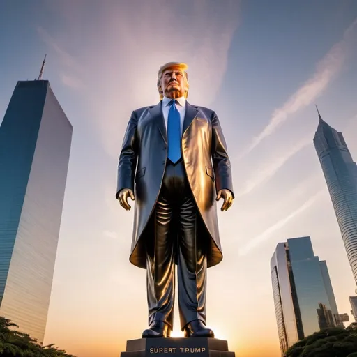 Prompt: supergiant strange Donald Trump statue, elegant lush skyscraper skyline background, overhead golden hour lighting, extra wide angle field of view, infinity vanishing point