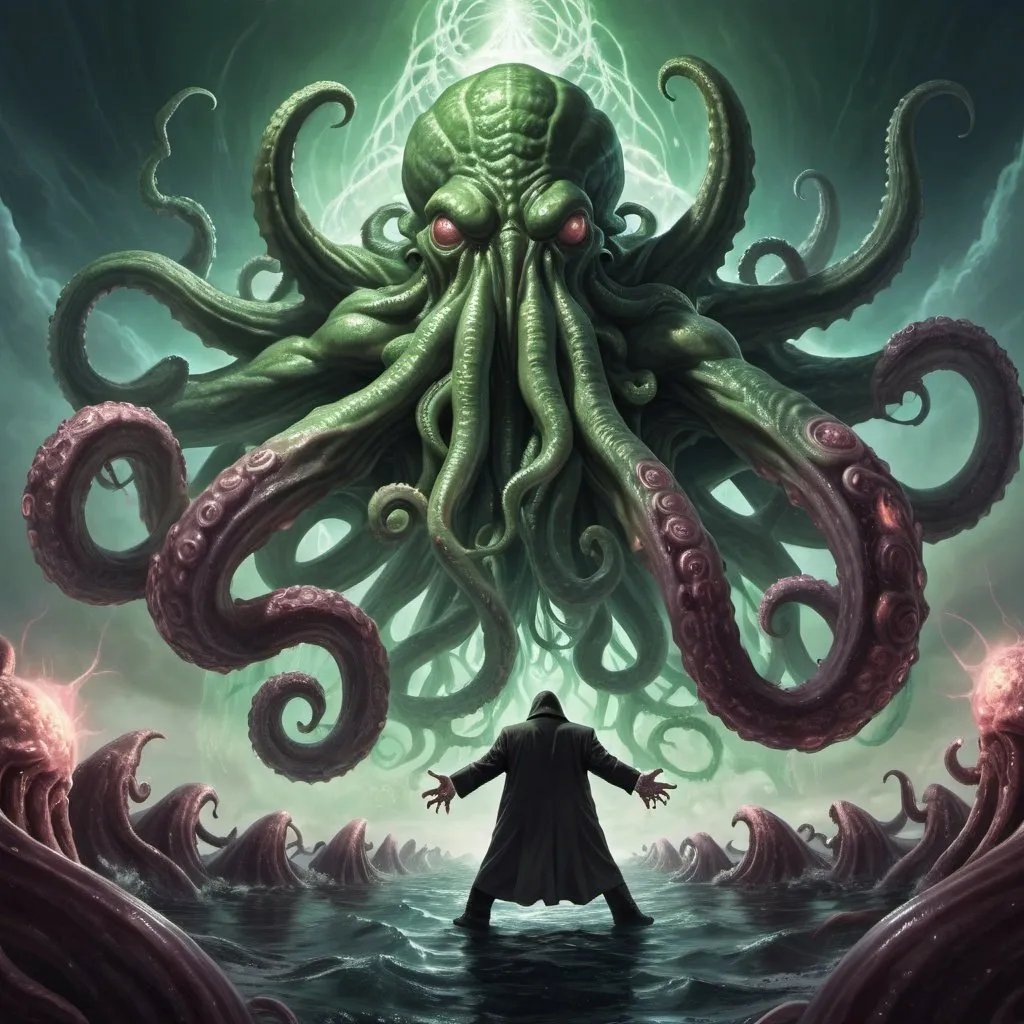 Prompt: giant Yog-Sothoth and giant Cthulhu battling each other, wide angle view, infinity vanishing point