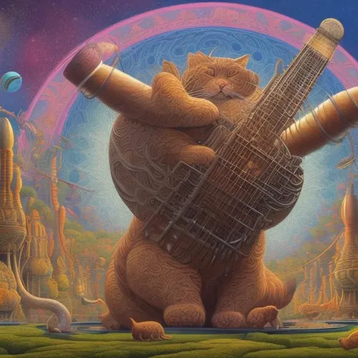 Prompt: panorama widescreen view of a giant cat playing a sitar, infinity vanishing point, in the style of Jacek Yerka