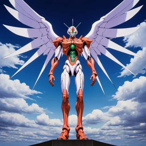 Prompt: giant Sahaquiel the tenth angel from Evangelion, overhead lighting, wide angle view, surreal background proportions, infinity vanishing point