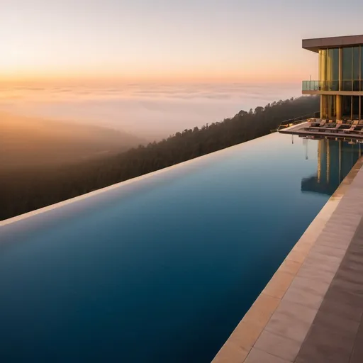 Prompt: Mile high mega infinity pool, overhead golden hour lighting, foggy wide angle view, infinity vanishing point