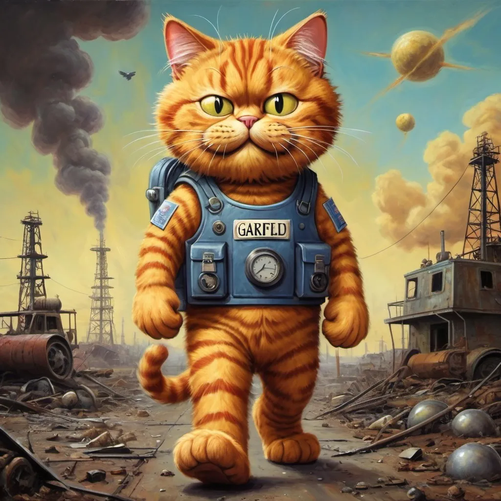 Prompt: Garfield the Cat Saves The World, post-nuclear-age-apocalyptic-science-fiction, surreal oil painting style, book cover