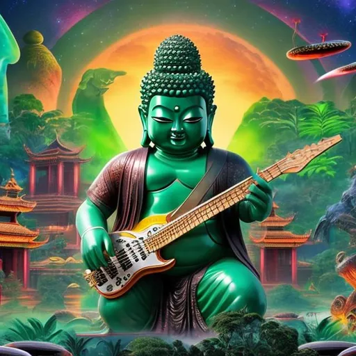 Prompt: cropped letterbox style image of an emerald bodybuilding buddha playing guitars in front of an exotic alien temple, tropical jungle background, galaxy sky, infinity vanishing point