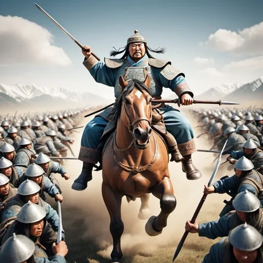 Prompt: Giant Mongol Warrior fighting against tiny NATO enemy army, extra wide angle field of view, propaganda poster style art