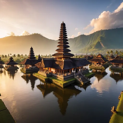 Prompt: ancient city of Pura Ulun Danu Bratanu style mega skyscrapers, overhead golden hour lighting, extra wide angle view, infinity vanishing point