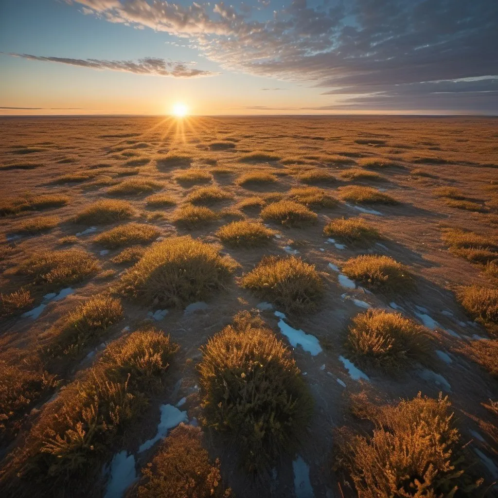 Prompt: strange tundra, overhead golden hour lighting, extra wide angle field of view, infinity vanishing point