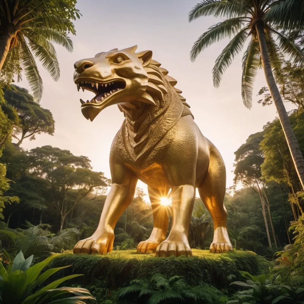 Prompt: giant strange animal statue, elegant lush jungle background, overhead golden hour lighting, extra wide angle field of view, infinity vanishing point