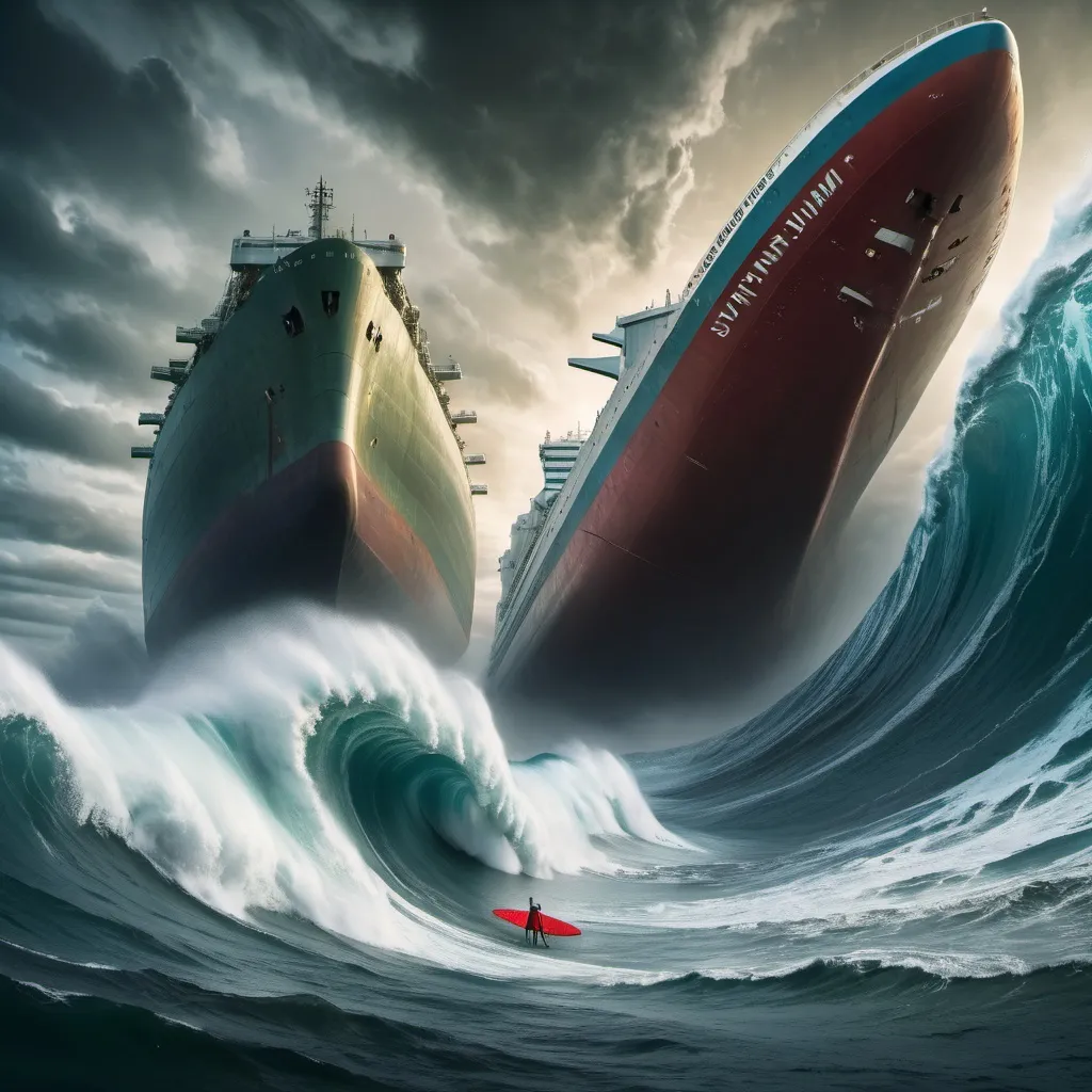 Prompt: cthulu surfing the largest giant tsunami wave, ghostship ULCC supertanker in foreground, overhead lighting, wide angle view, surreal background proportions, infinity vanishing point