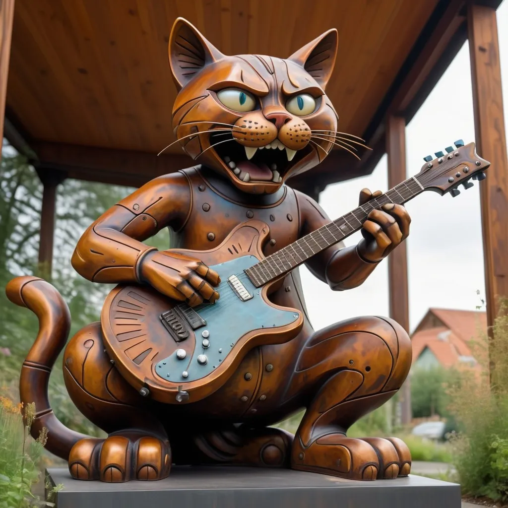 Prompt: giant rust streaked acid etched steel statue of a giant cat playing guitar, in the style of Jacek Yerka, widescreen view, infinity vanishing point