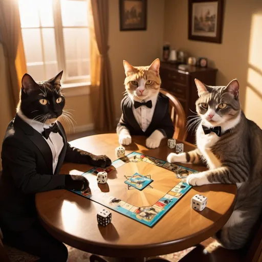 Prompt: cats in tuxedos, playing a complicated exotic board game, golden hour overhead lighting, extra wide angle view, infinity vanishing point