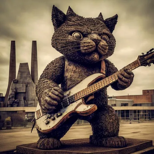 Prompt: giant weathered acid etched steel statue of a giant cat playing guitar, in the style of Jacek Yerka, widescreen view, infinity vanishing point