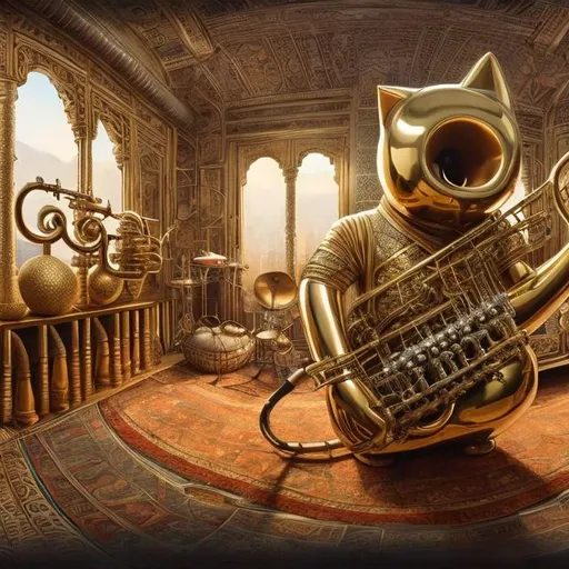 Prompt: panorama widescreen view of a giant brass cat playing a sitar, infinity vanishing point, in the style of Jacek Yerka