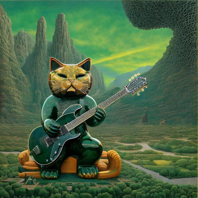 Prompt: ((((giant cat playing guitar) obsidian  statue inlaid with green jade) in the style of Jacek Yerka) infinity vanishing point) wide perspective view