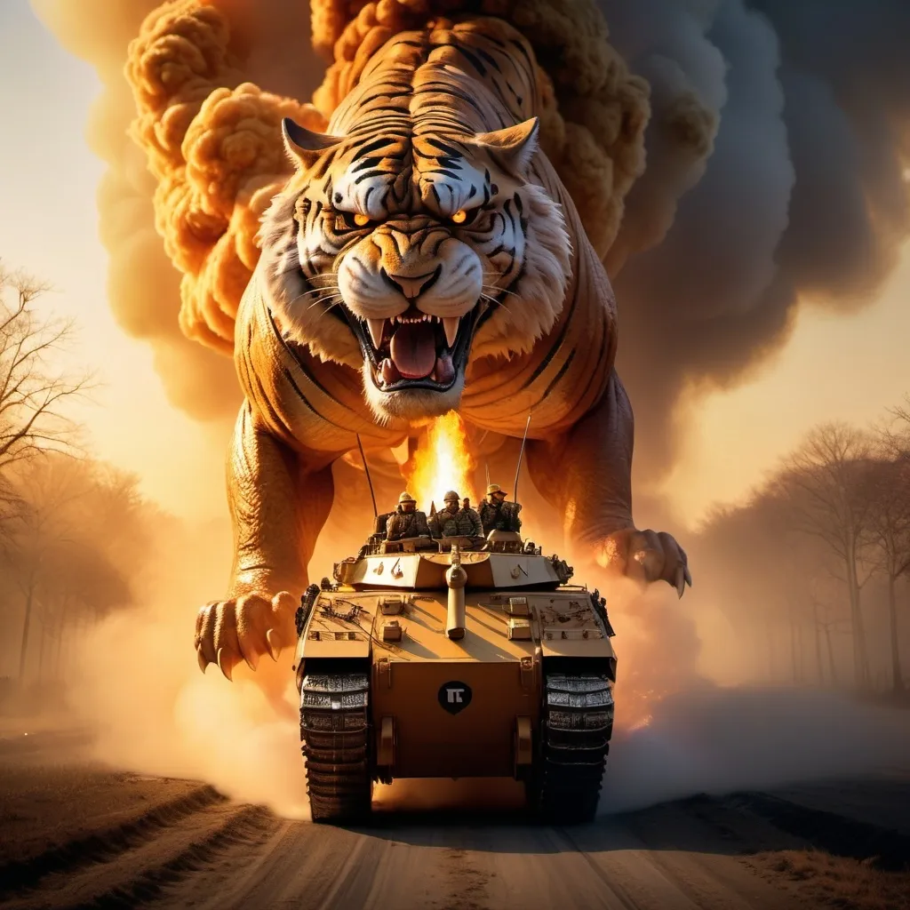 Prompt: Trump riding the biggest giant firebreathing armored wartiger in the world, overhead golden hour lighting, foggy wide angle view, infinity vanishing point