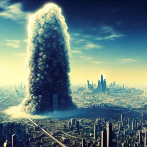 Prompt: crystal skyscraper city, nuclear blast cloud background