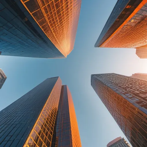 Prompt: city skyline of orange glass mega skyscrapers, overhead golden hour lighting, extra wide angle view, infinity vanishing point