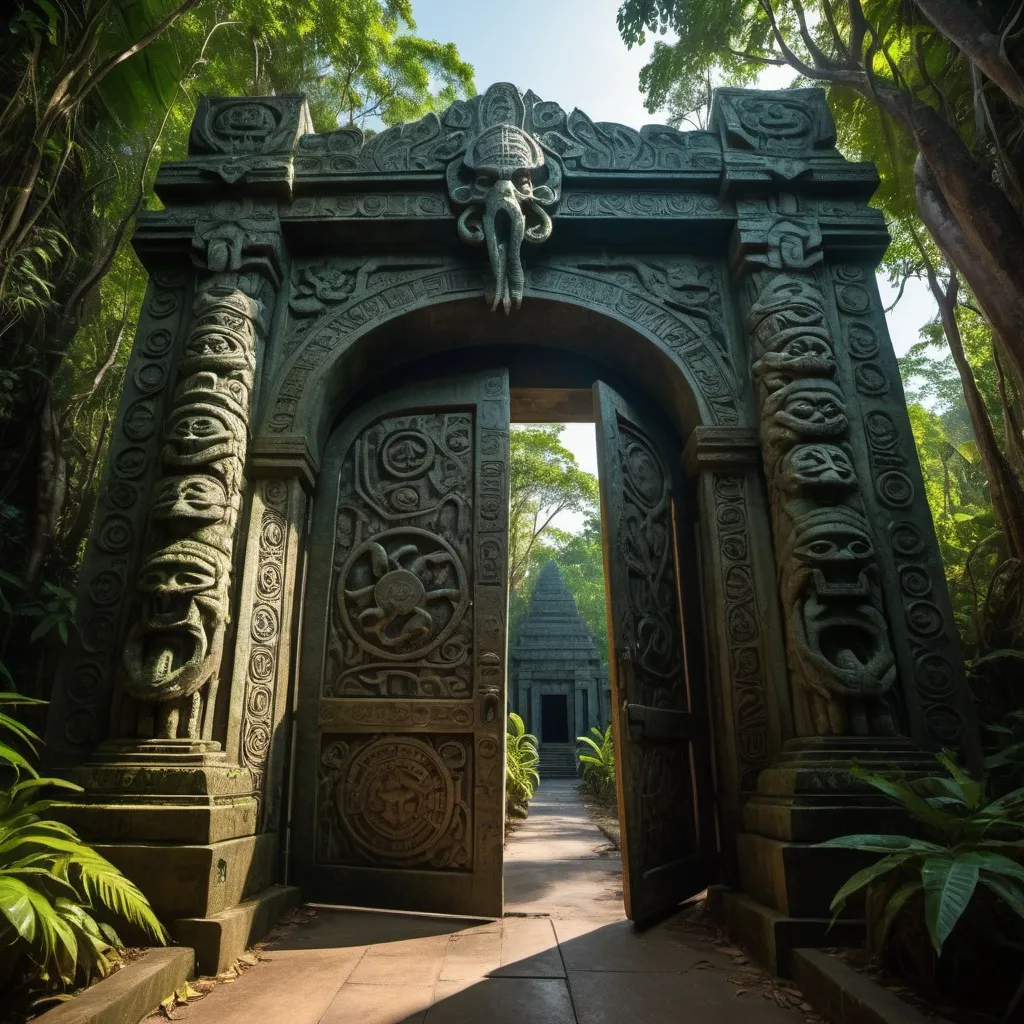 Prompt: in the jungle, a giant ancient bas relief covered gate to the temple of cthulhu, overhead lighting shadows, wide angle view, infinity vanishing point