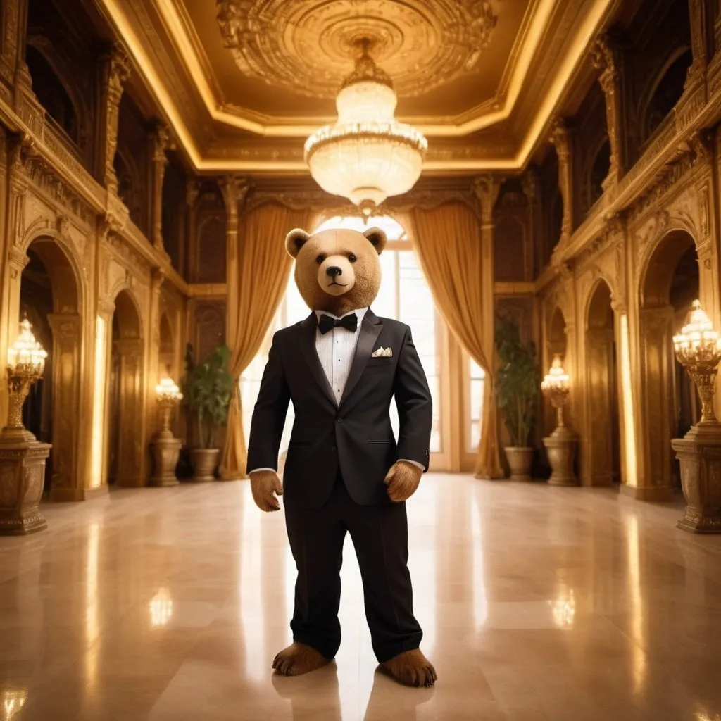 Prompt: dream date bear in a tuxedo, exotic palace background, overhead golden lighting, wide angle view, infinity vanishing point