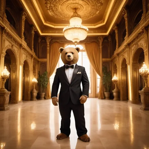 Prompt: dream date bear in a tuxedo, exotic palace background, overhead golden lighting, wide angle view, infinity vanishing point