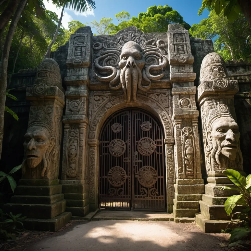 Prompt: in the Belize jungle, a giant ancient intricately detailed bas relief covered outer wall and gate to the temple of cthulhu, overhead lighting shadows, wide angle view, offset infinity vanishing point