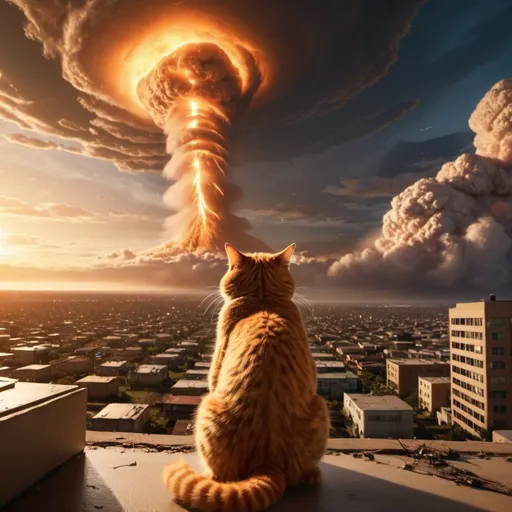 Prompt: Garfield the cat at the end of the world. Distant nuclear mushroom cloud flashes. Many falling meteors from the sky. Many tornados in the air. Giant tsunami tidal waves approaching. Giant city on fire. Golden hour overhead lighting, extra wide angle view, infinity vanishing point.